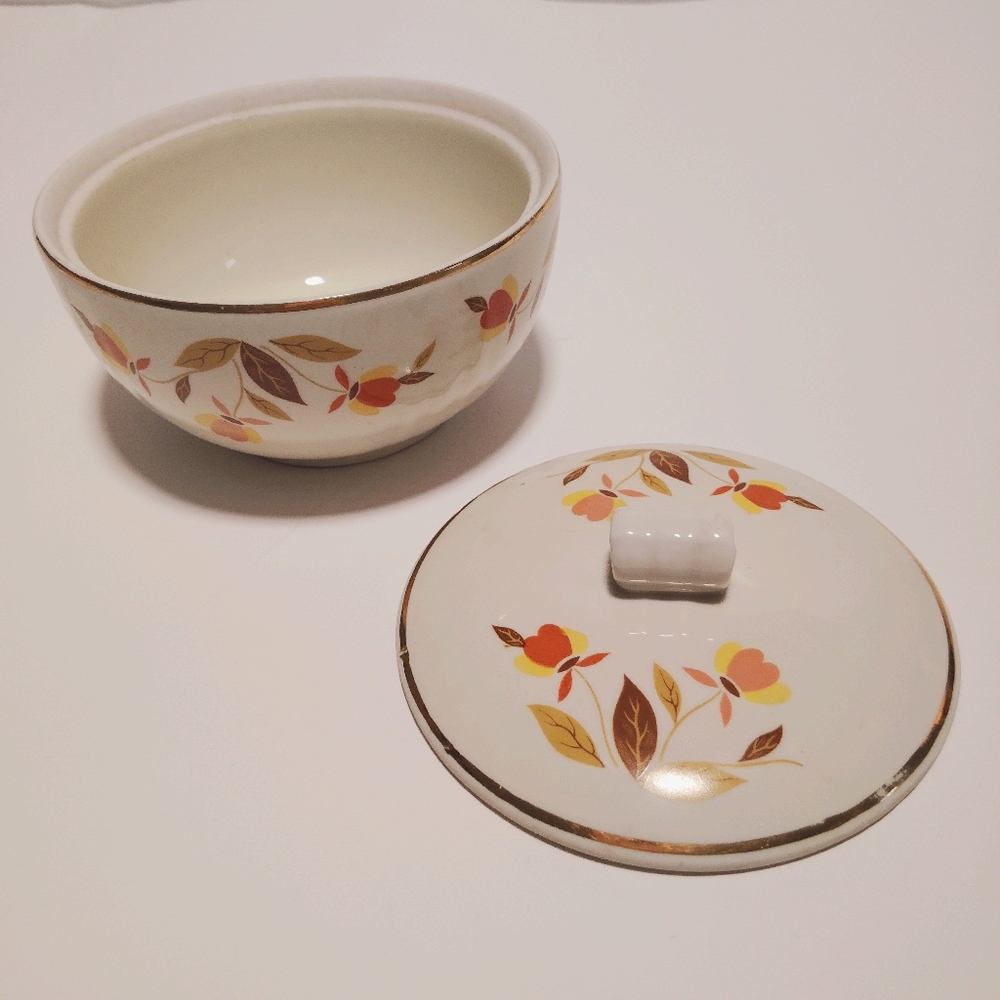 Hall's Superior Jewel Tea Autumn Leaf Drip Jar Bowl w/Lid Gilding Vtg Farmhouse - Picture 4 of 11